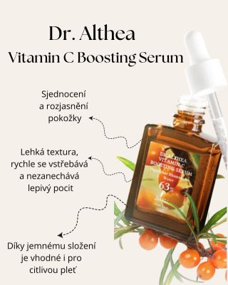 🍊 Rozzařte svou pleť s Dr. Althea – Vitamin C Boosting Serum! 🍊 Toto sérum s vysokým obsahem vitaminu C a rakytníkové vody...